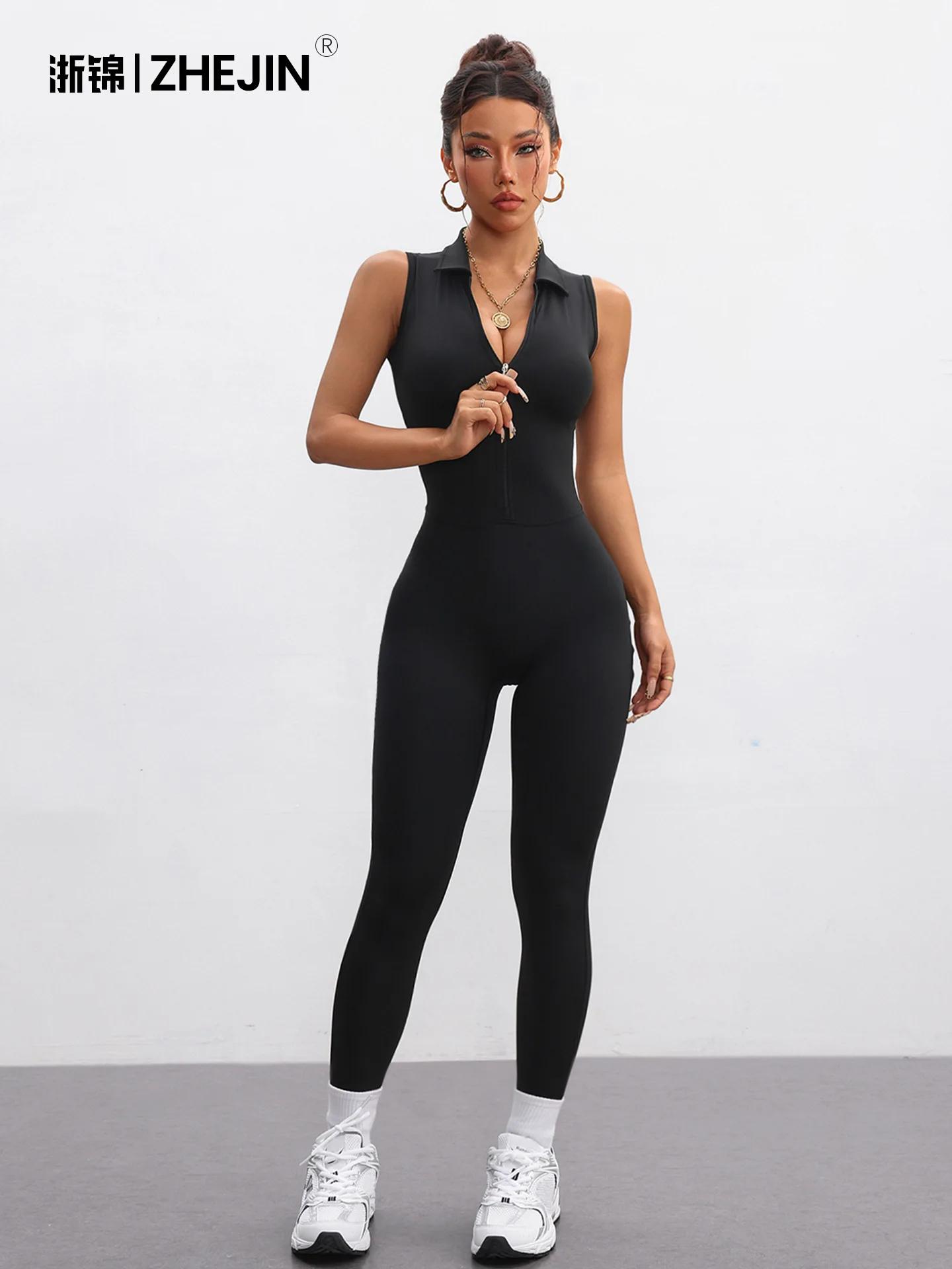 

Black sleeveless mesh fabric quick-drying body-shaping exercise and fitness clothing, hip-lifting zipper one-piece seamless yoga