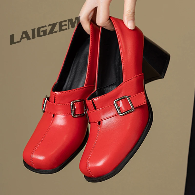 

LAIGZEM Women Pumps Faux Leather Square Toe 6CM Mid Block Heels Pumps Slip On Female Ladies Shoes Woman Big Size 34 44 45 47