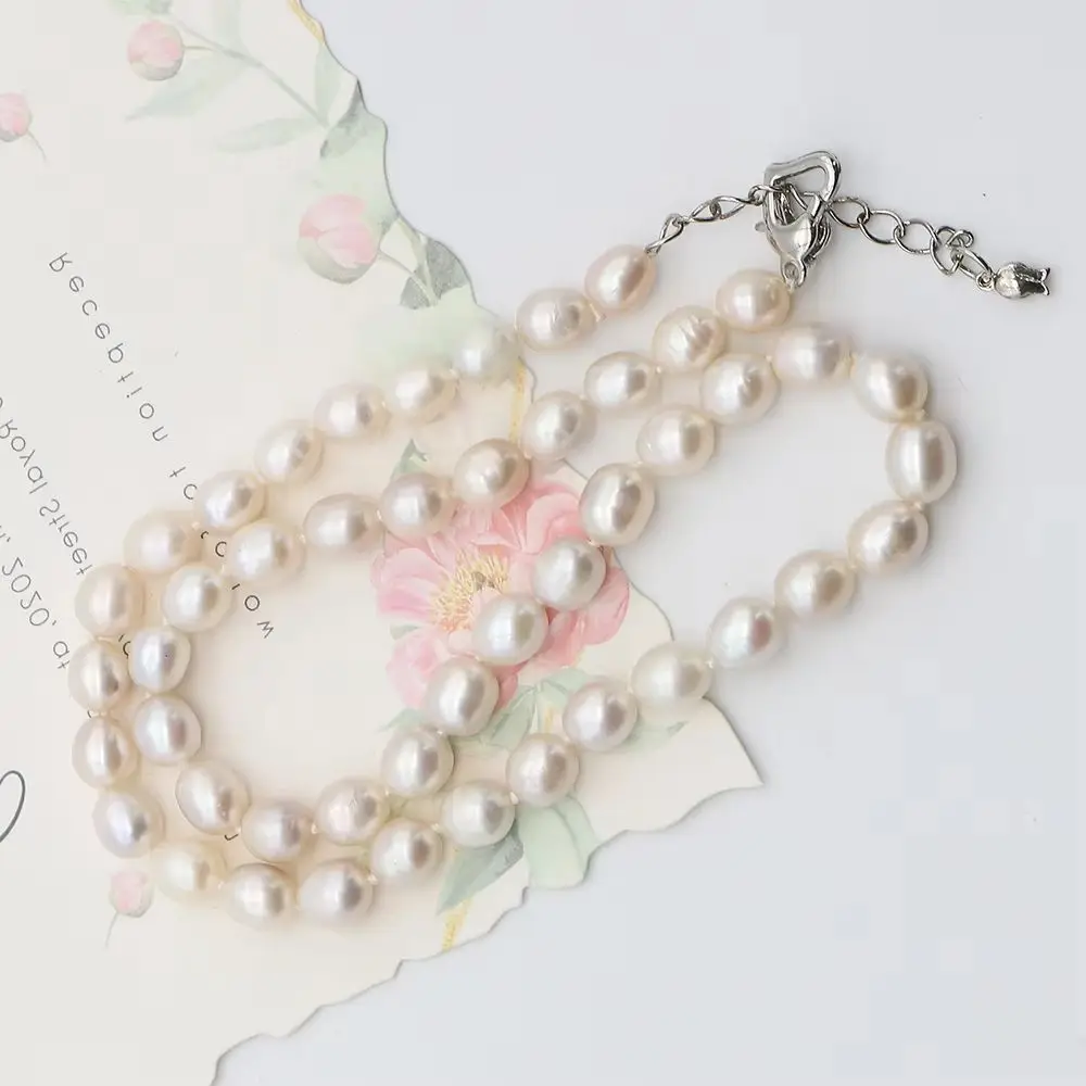 7-8mm Natural Rice Pearl Necklace White Baroque Pearl Beaded Jewelry 40cm Length Irregular Freshwater Pearl Neck Ornment‌ Gift