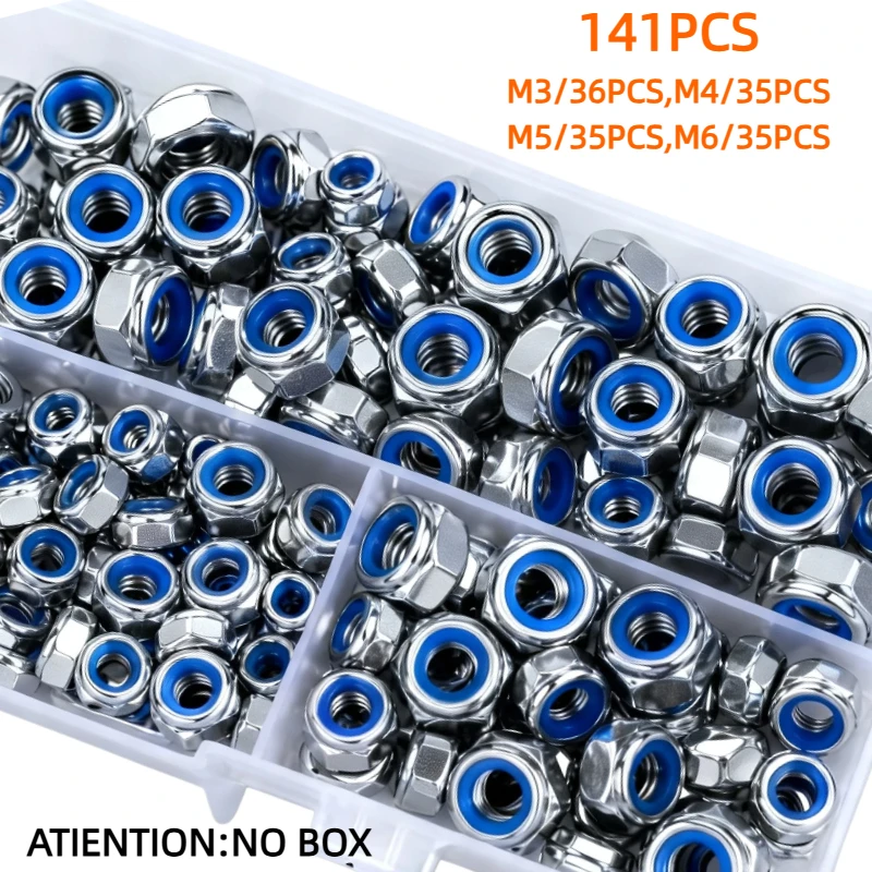 Kit Surtido de 141 Piezas de Tuercas de Seguridad con Inserto de Nylon, Juego de Tuercas Autoblocantes Hexagonales de Acero Inoxidable 304, M3 M4 M5 M6