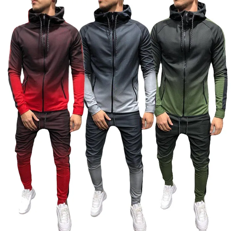 ZOGAA Mens Fashion Hooded Gradient Color Sportwear Zipper Hip Hop Style Sport Suits Casual Hoodies Pants Two Piece Suit For Men