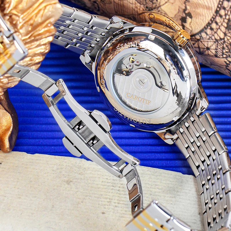 ساعة كاجوال للرجال بحزام فولاذي أزرق بلونين على الطراز الرياضي مع قرص دائري وحركة ميكانيكية أوتوماتيكية بالكامل #5