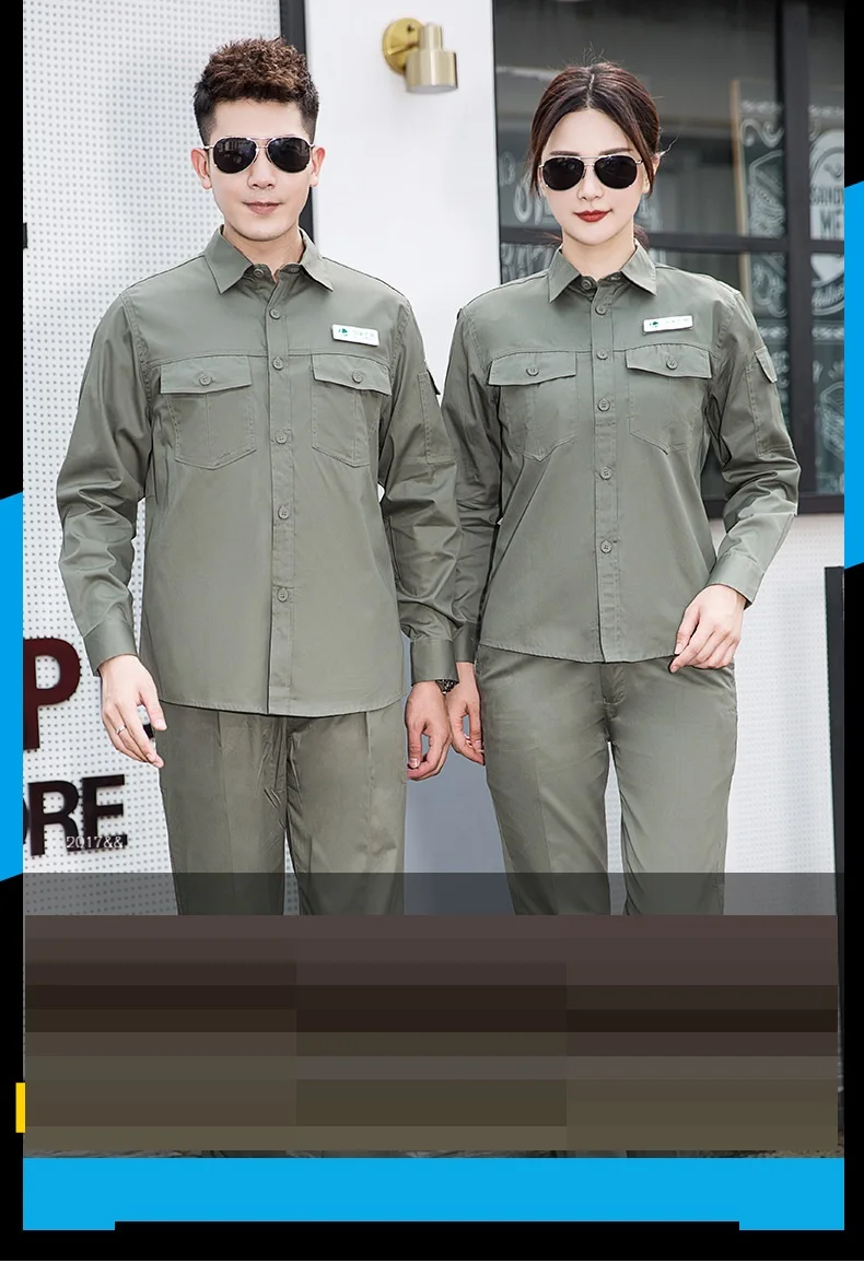 100% algodão verão roupas de trabalho mangas compridas uniformes de trabalho elétrico cor lisa verde macacão de trabalhador terno de trabalho de engenheiro