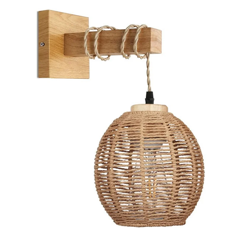 

Retro Wall Light Woven Rattan Wood Sconces Living Room Bedside Lamp Vintage Bedroom Decoration Lighting-B