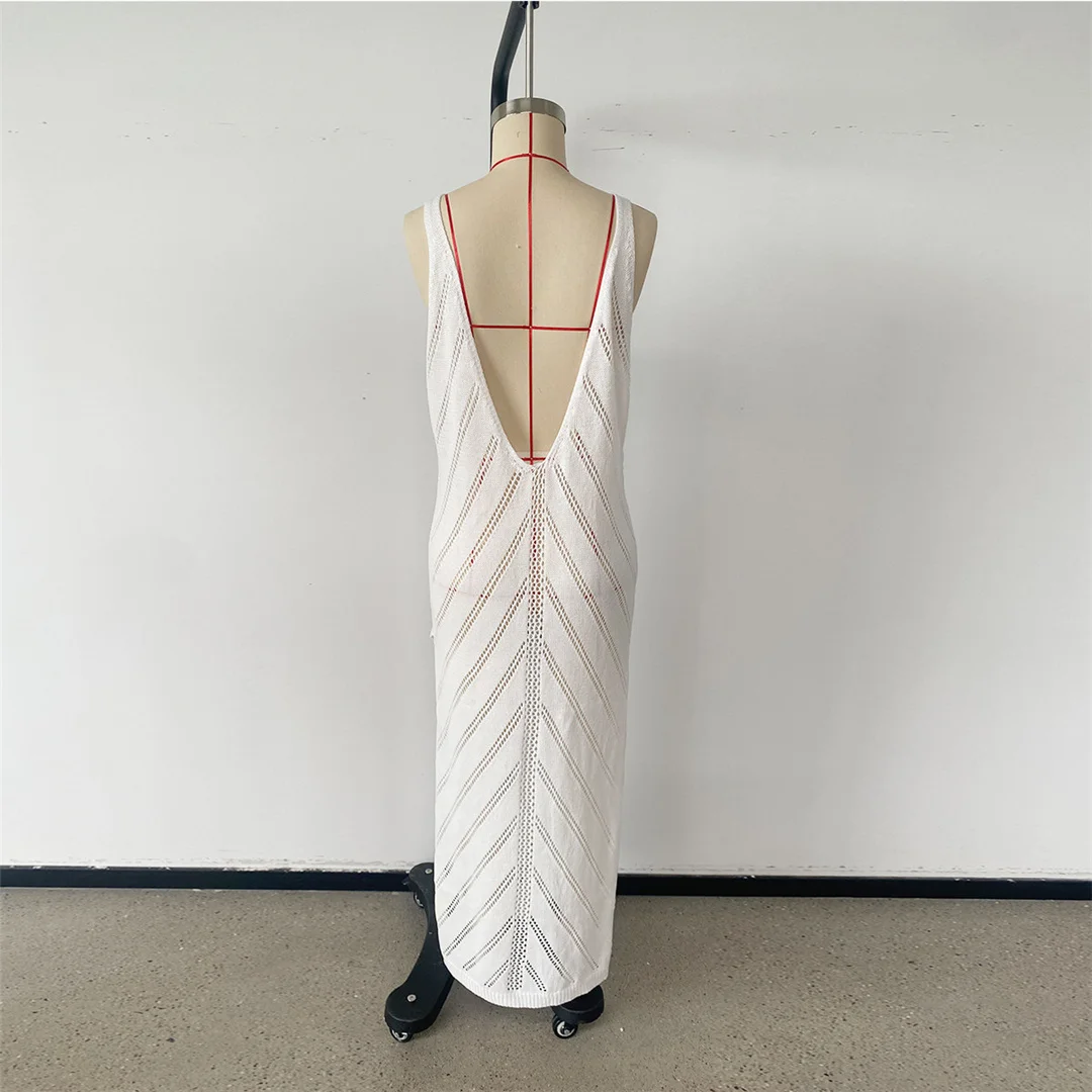 Neues, rückenfreies, weißes, gehäkeltes, gestricktes Tunika-Strandkleid, Strandkleid, Strandmode, Damenmode V8331 – Detail 6