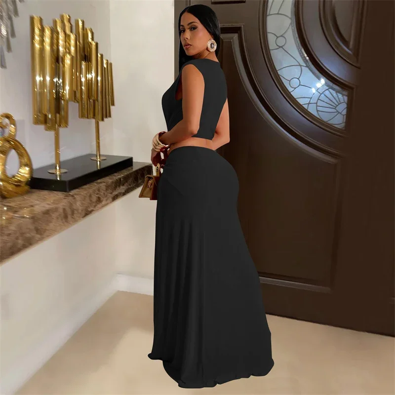 Sleeveless Deep V Neck Women Sexy Irregular Long Evening Party Dress Cut Out Ruched High Split Maxi Night Club Dress Black Red