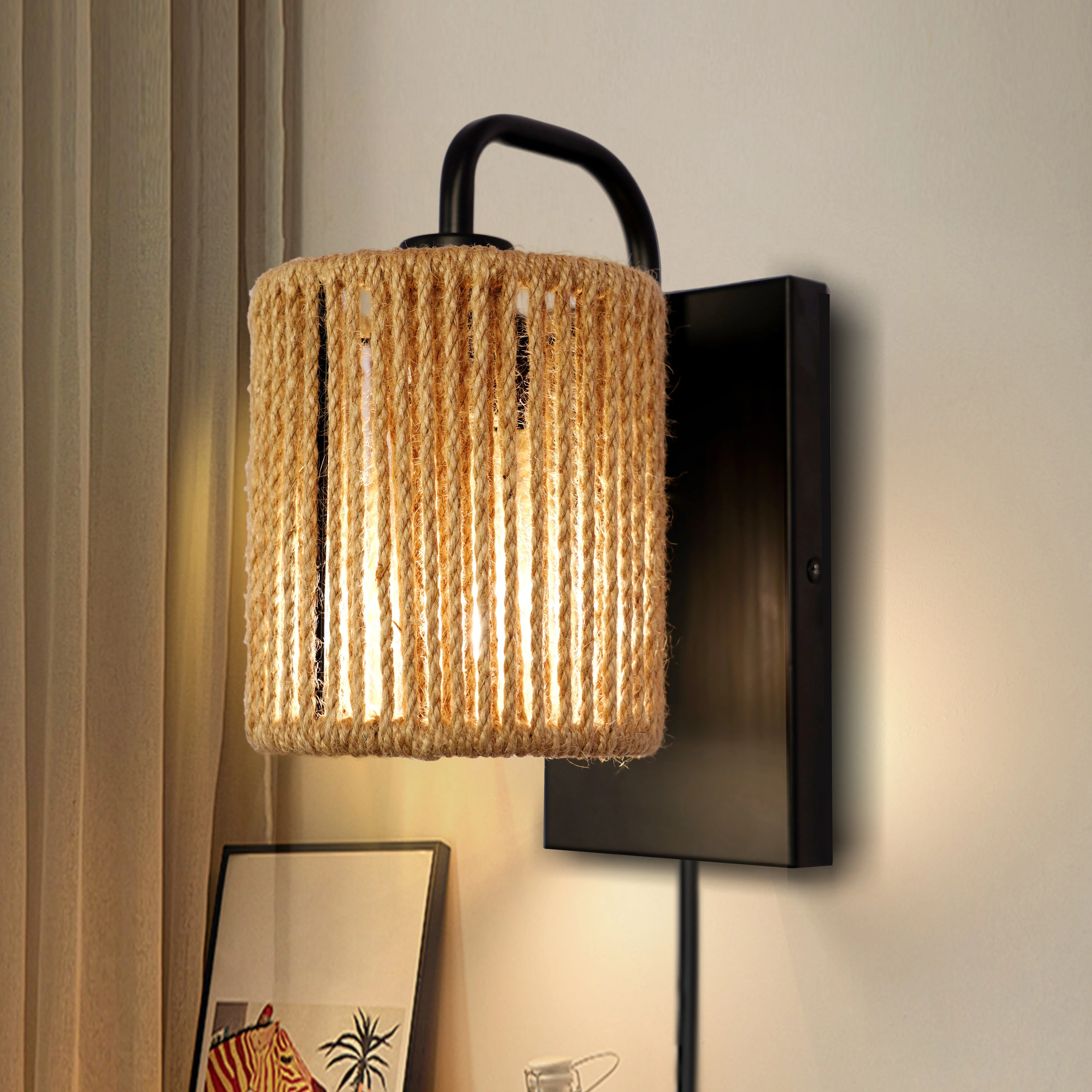 

1-Light Bohemian Woven Wall Light With Plug Black Metal Base Rattan Wall Sconce E26 Base Boho Wall Sconce Rattan Sconces