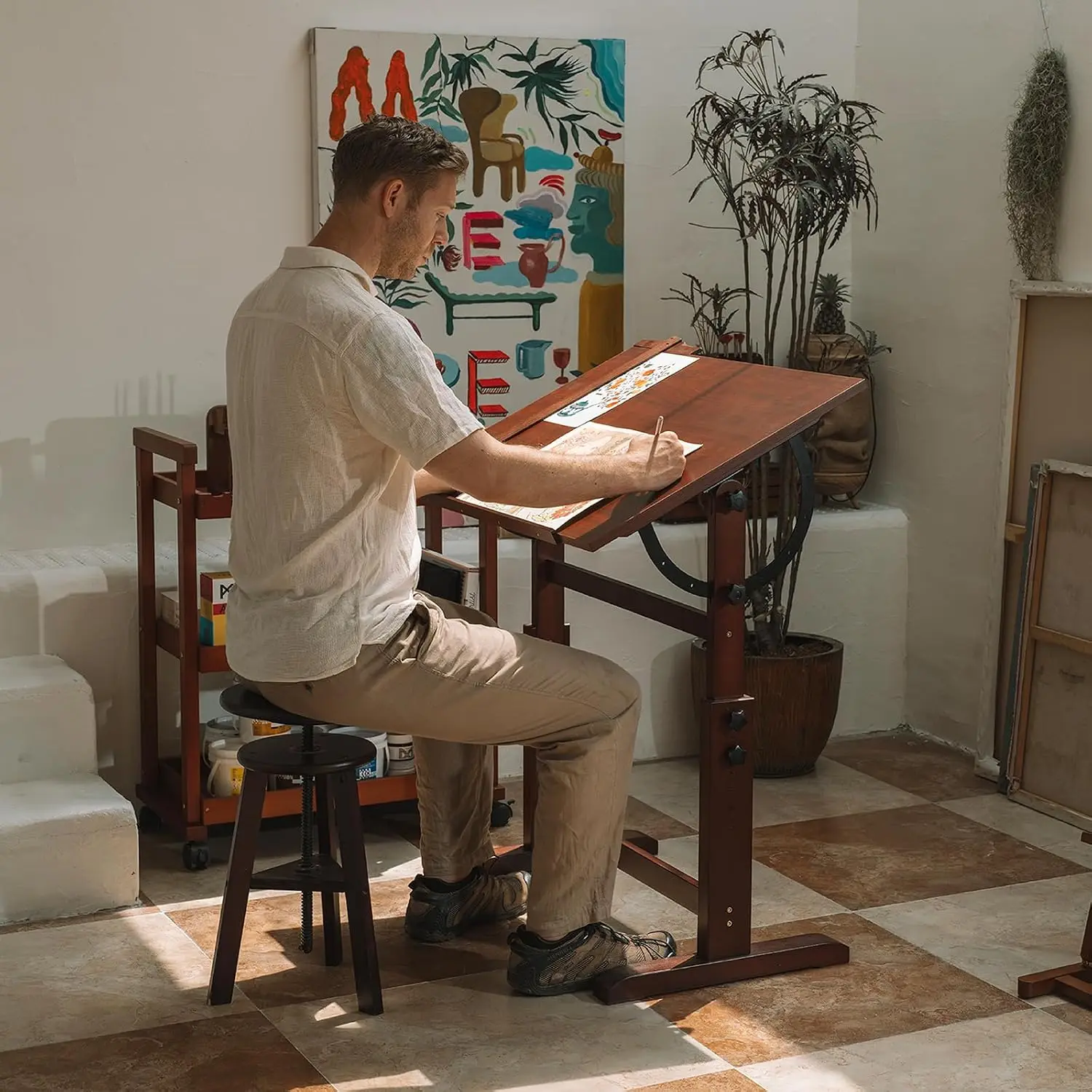 MEEDEN Vintage Wood Drafting Table & Stool Set, Artist Drafting Chair and Craft Table with Adjustable Height, Tiltable Tabletop
