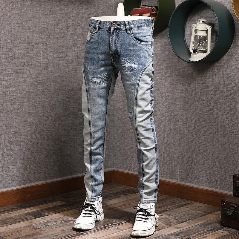 

Fashion Designer Men Jeans Retro Blue Stretch Slim Fit Spliced Ripped Jeans Men Vintage Trousers Streetwear Hip Hop Pants Hombre