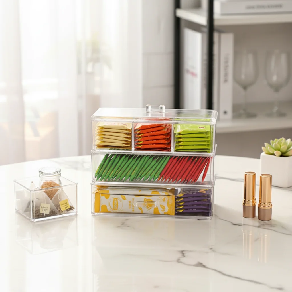 

Прозрачный многофункциональный ящик для хранения чайных пакетиков, косметики, помад, органайзер для рабочего стола, прочный пластиковый штабелируемый органайзер