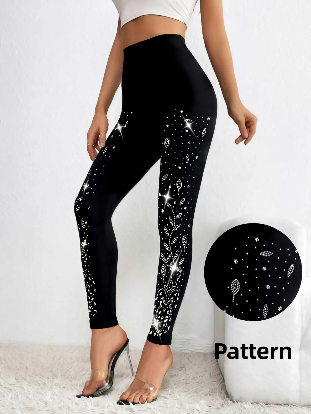 Women's Flower Hot Drilling Leggings Shiny Rhinestone High Waist Stretchy Slim Match Nine Point Pants For Shopping Wear - view 3