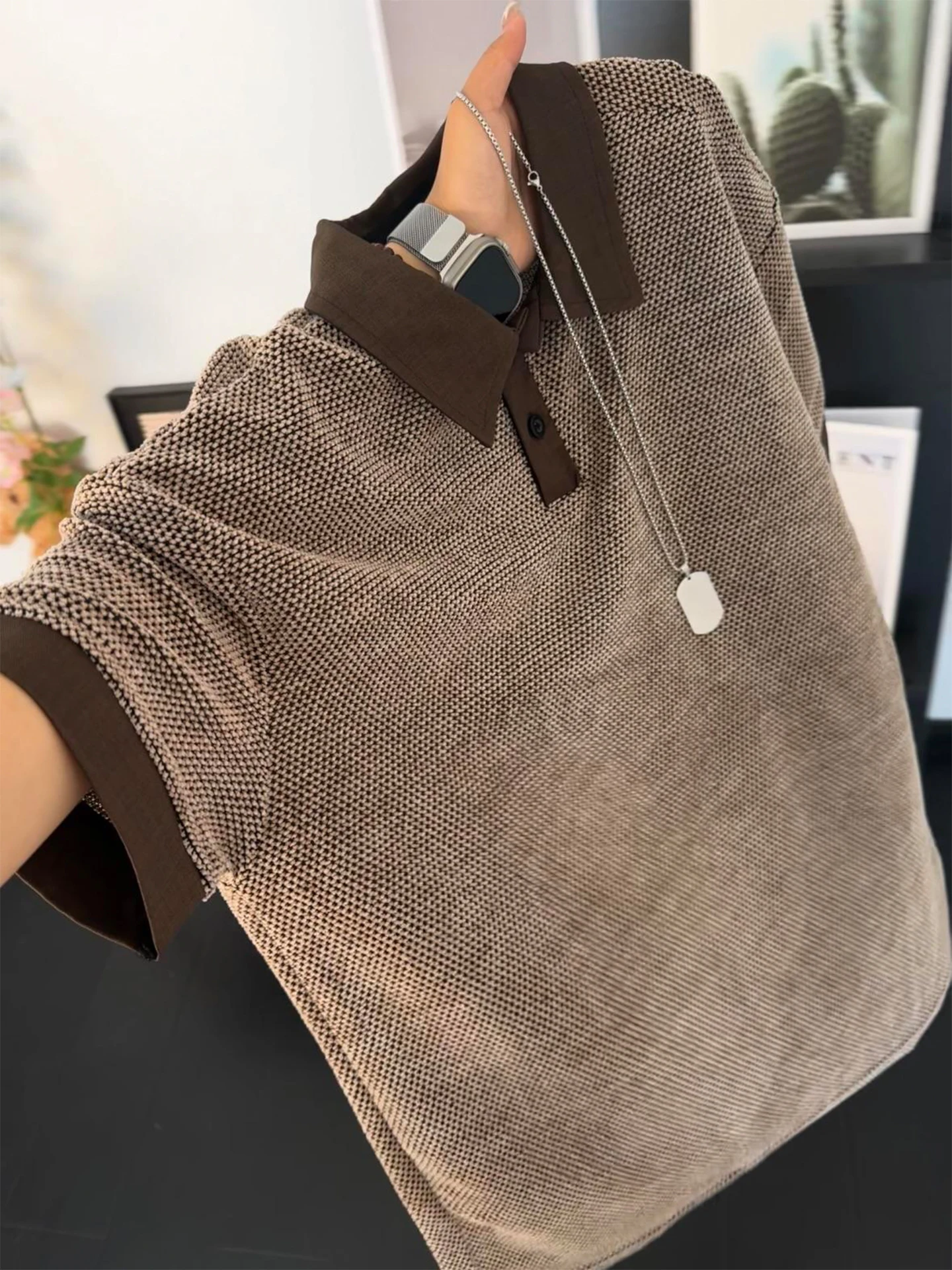 Dragon Scale Texture Short Sleeve  Shirt Men's Summer Breathable T-Shirt American Style Shoulder Flip Collar Half Sleeve