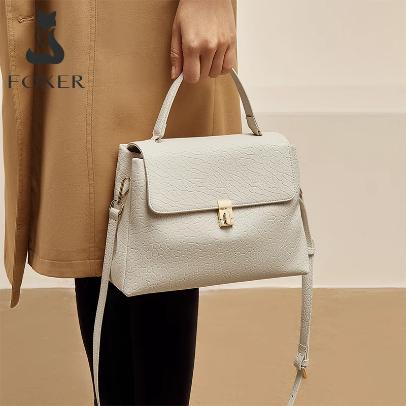 FOXER Female Lychee Pattern Tote High Quality Shoulder Crossbody Bag Lady Fashion Flap Messenger Bag Women Split Leather Handbag