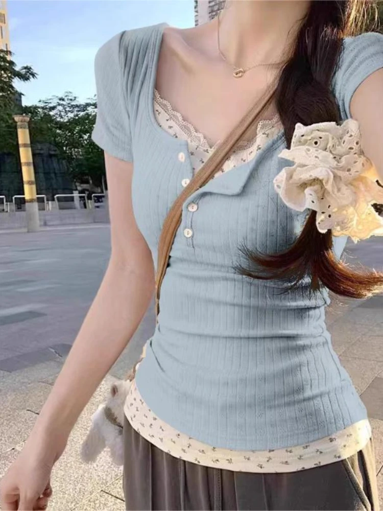 T-shirts Vrouwen Nep 2 Stuks Slanke All-Match Dagelijks College Casual Koreaanse Mode Zomer Korte Mouwen Tops Trendy harajuku Hotsweet