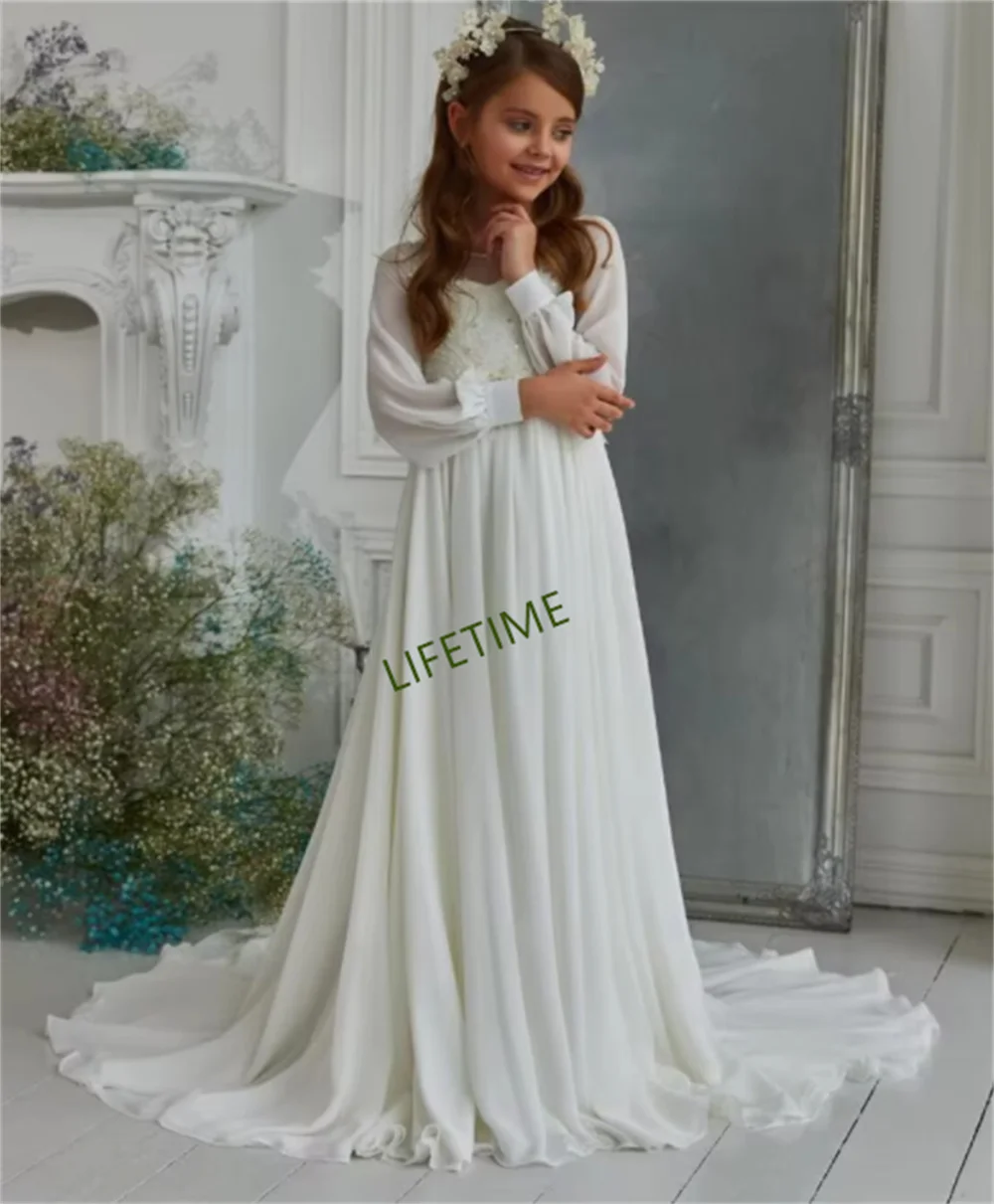 Ivory Lace Flower Girl Birthday Wedding Party Kid Tulle Gown Cute Girl Long Sleeve Communion Dress robe fille enfant