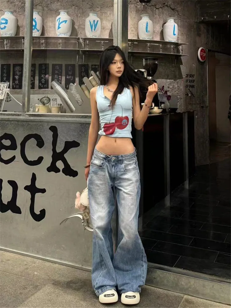 

Loose Fit Low Waist Denim Jeans Women's Extended Length Wide Leg Pants Summer Fashion High Street Style Light Blue Floor-Length