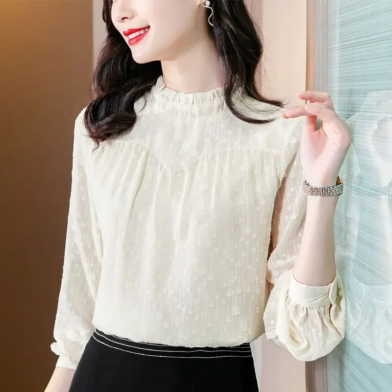 

Summer Women's Shirt Solid Color Classical Loose for Women Thin Clothing Soft Long Sleeve O-neck Elegant Female T304