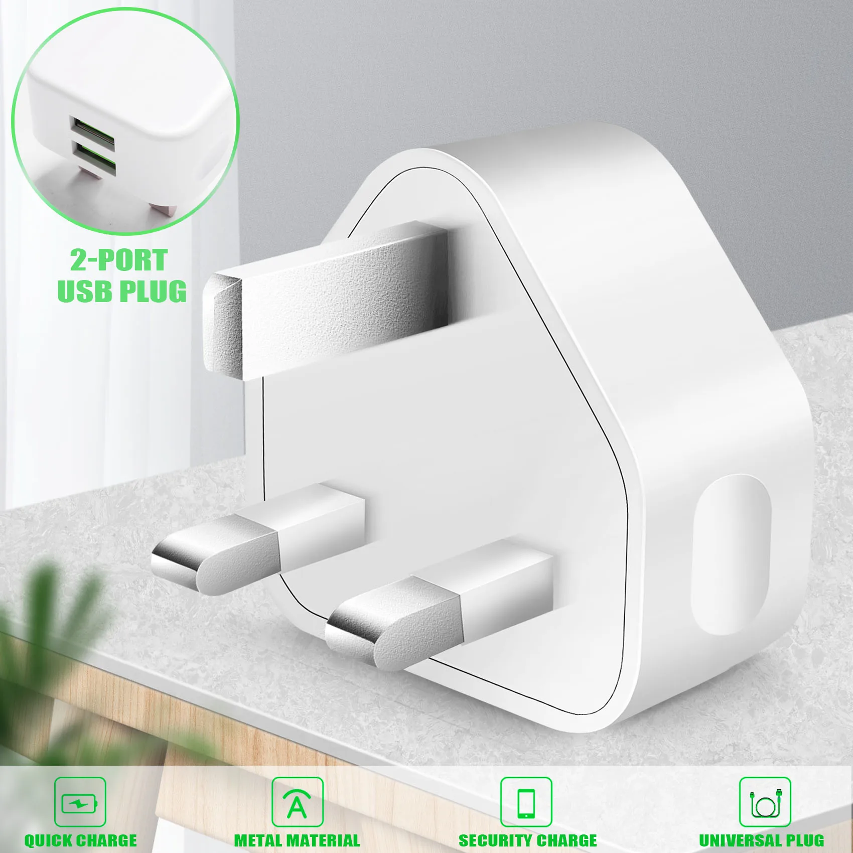 Universal Usb Uk Plug 3 Pin Wall Charger Adapter With Usb Ports Travel Charger Charging For Phone (2 Port)