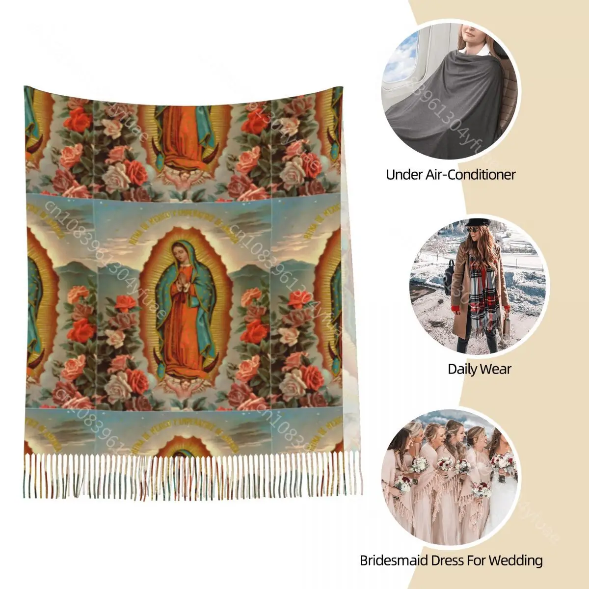 Our Lady Of Guadalupe Mexican Virgin Mary Shawls Wrap Womens Warm Large Long Scarf Christian Catholic Neckerchief Tassel Scarves