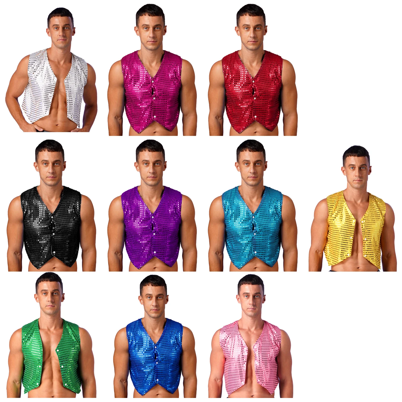 Mens Glittery Sequins Disco Rave Vest Tops Jazz Latin Modern Dance Stage Performance Costume Shiny Sequined Sleeveless Waistcoat