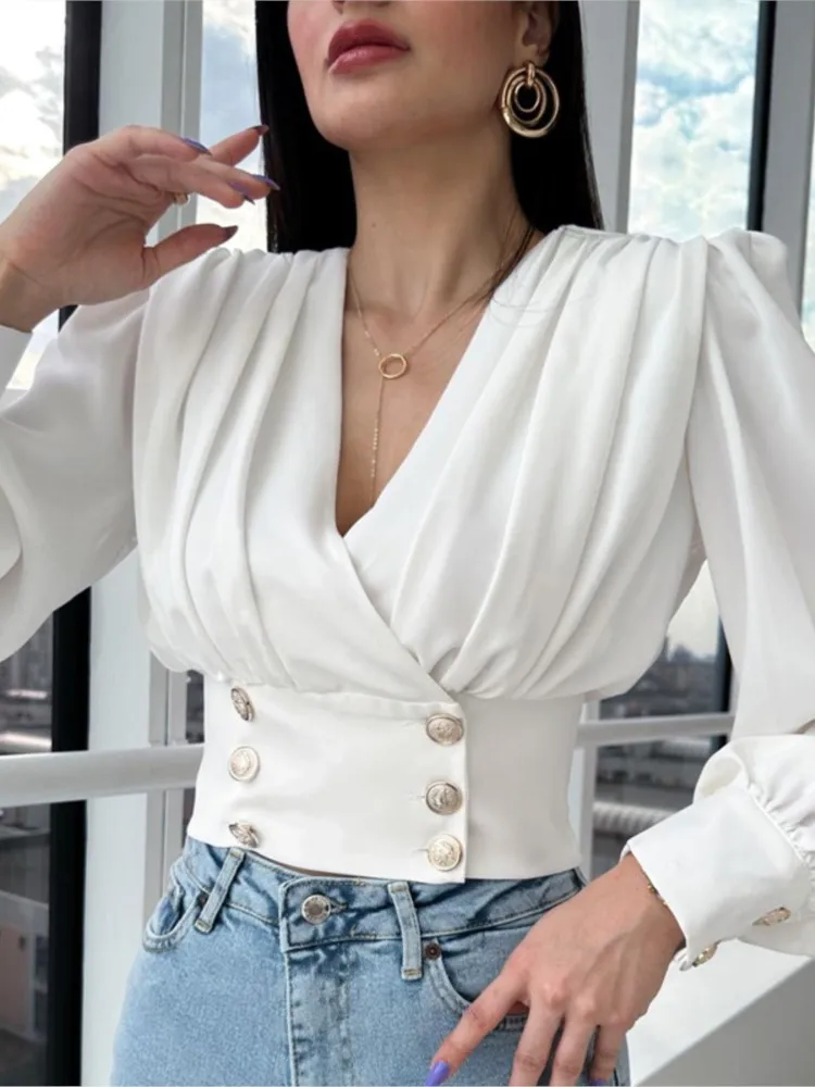

2025 Retro Shirt Spring/Summer Women's V-neck Sexy Long Sleeve Short Sleeve Waist Bag Bubble Sleeve Button Solid Color Shirt
