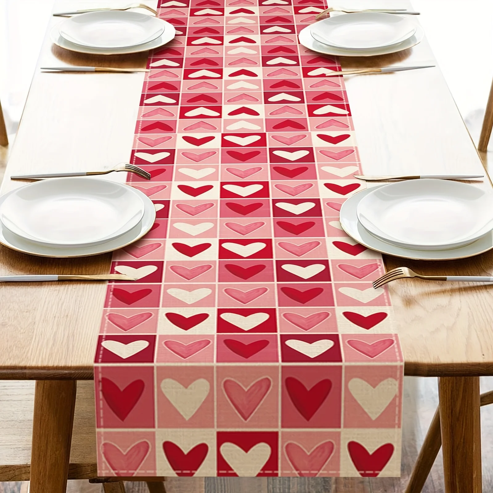 Valentinstag-Tischläufer aus rotem, rosa-weißem Herz, Büffelkaro-Leinen – langlebig, für Hochzeit, Party, Dekoration für drinnen und draußen