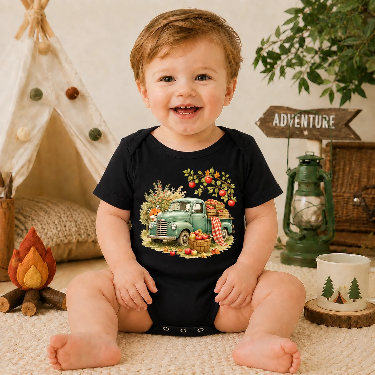 Newborn Baby Short Sleeve Bodysuit Vintage Green Truck Apple Fox Print Infant Romper Fall Farm Baby Boy Girl Onesie Cotton Baby