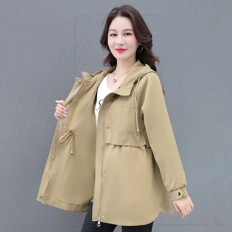 Damska odzież wiosenno-jesienna, płaszcz typu trencz o średniej długości, nowa moda 2025, damski casualowy top z kapturem, khaki wiatrówki, podstawowy płaszcz damski.