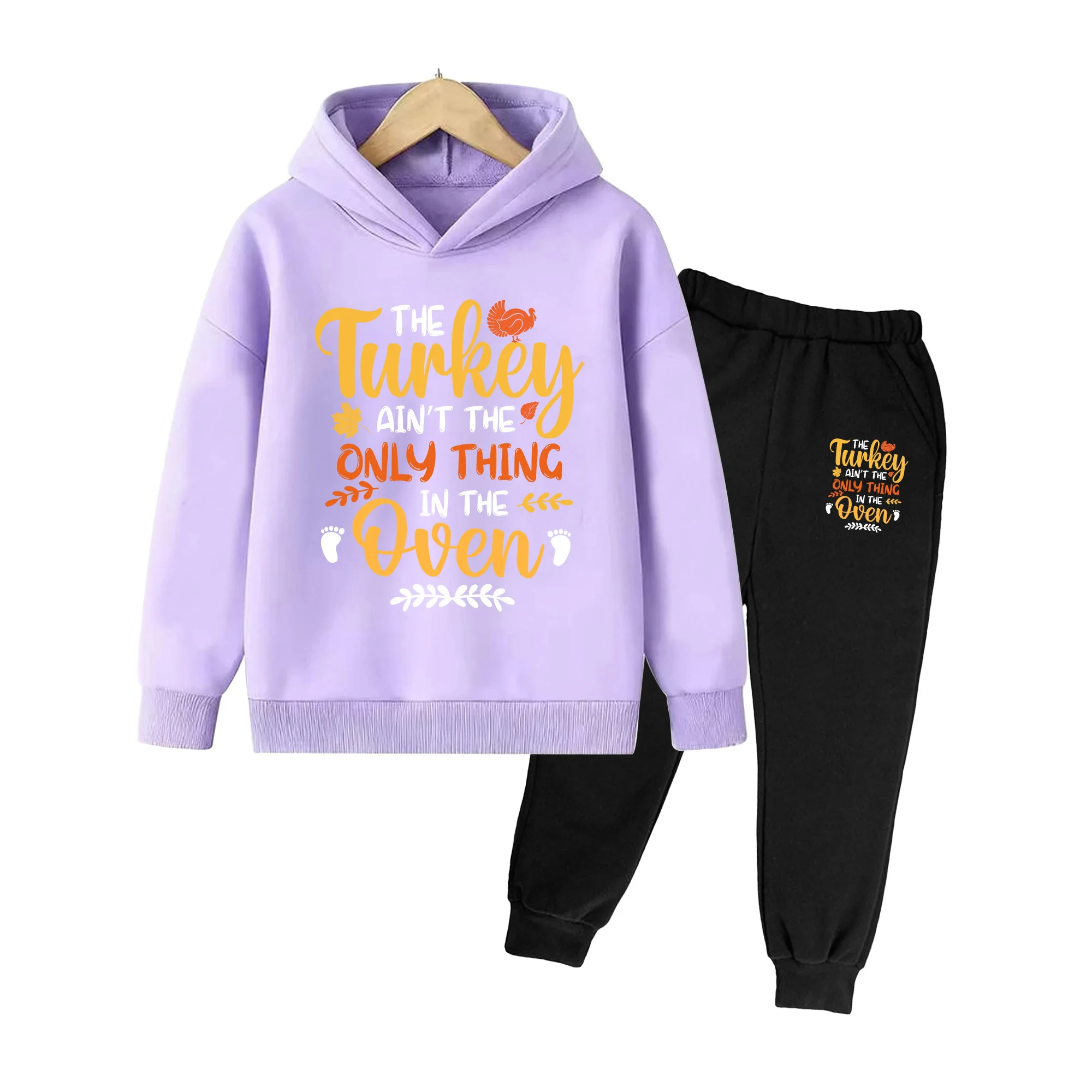 Kids Turkey Print Hoodie & Sweatpants Set, Thanksgiving Autumn Casual Outfit for Boys Girls