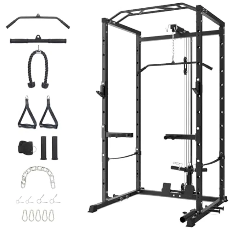 Home Gym Power Cage Heavy-Duty Squat Rack with LAT Pulldown, Cable Pulley, Dip Bars, Landmine Full-Body Training, 1600 lbs Capa
