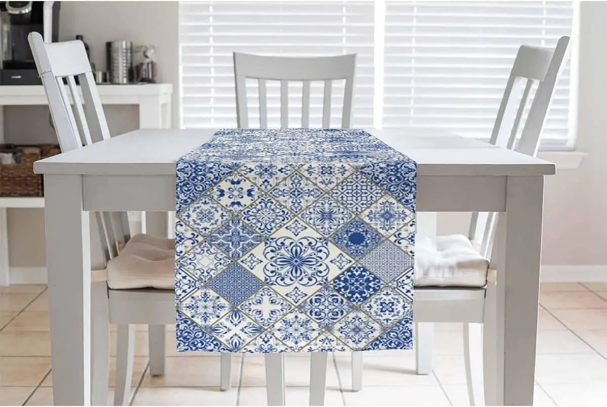 Blue White Patchwork Tile Linen Table Runner Dress Scarves Decor Farmhouse Kitchen Dining Table Runner Holiday Party Decorations