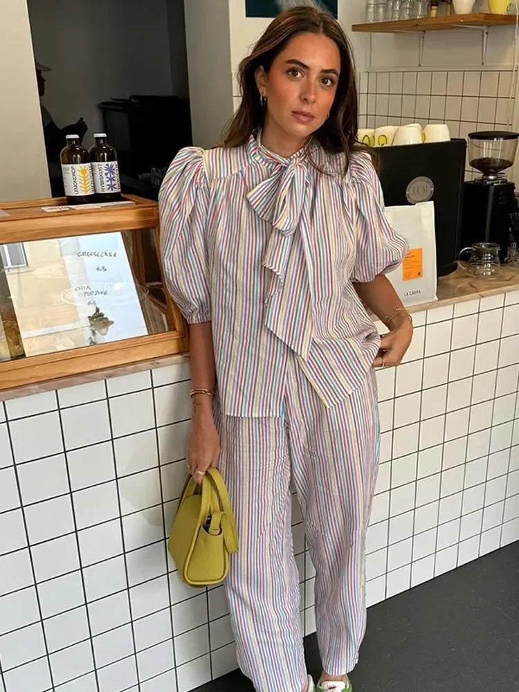 Vintage Women Colorful Stripe Lace Up Bow Shirt Pant Suit Chic Lantern Sleeve Straight Trousers Set Spring Vacation Lady Outfit