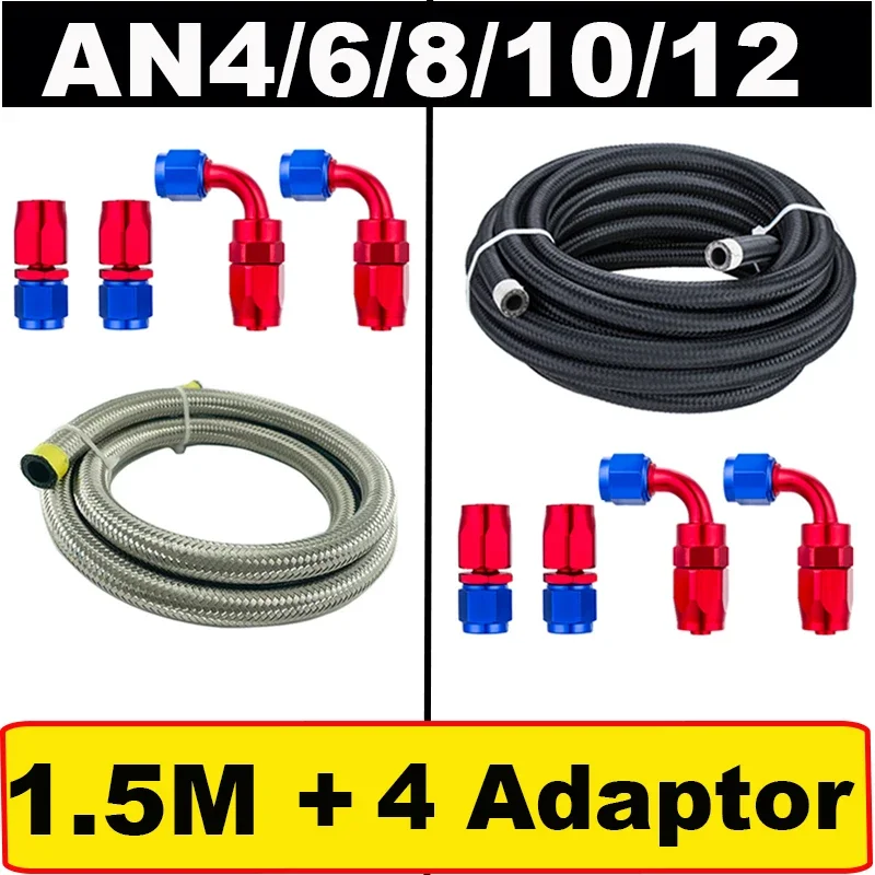 1.5M AN4 AN6 AN8 AN10 AN12 Car Fuel Hose Oil Gas Line Nylon Stainless Steel CPE + Straight 0 90 Degree Swivel Hose End Fitting