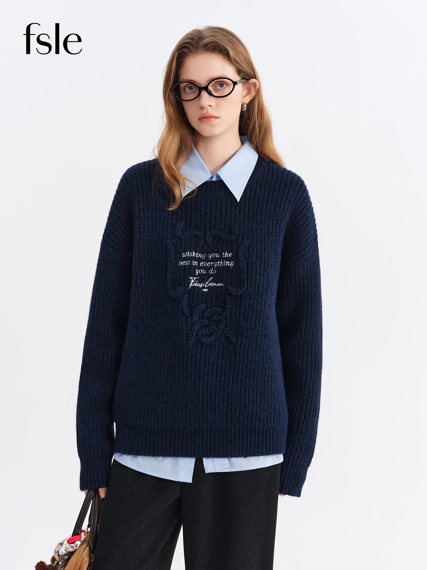 

FSLE 2025 Winter Women's Retro Letter Embroidered Round Neck Chunky Knit Sweater - Relaxed Fit Loose Pullover for Casual