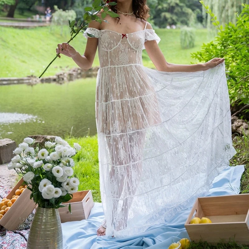 

Elegant High Waist Pleated Banquet Dress French Style Lace Solid Color Evening Dress Summer New Slash Collar Garden Party Dress