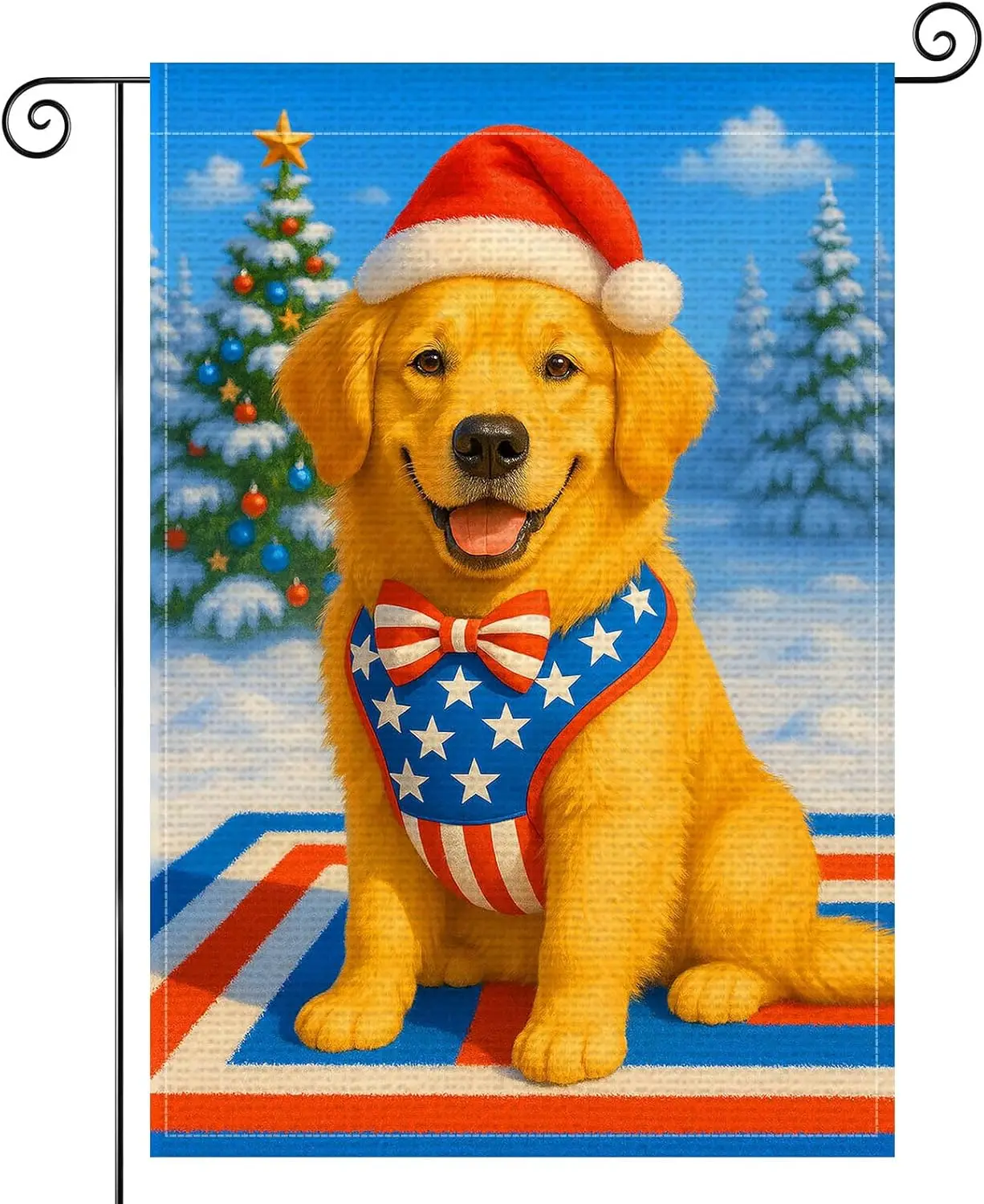 Merry Christmas Garden Flag 12x18 Inch Welcome Garden Flags Burlap Double-Sided Golden Retriever Santa Hat Patriotic Bow Sea PPM