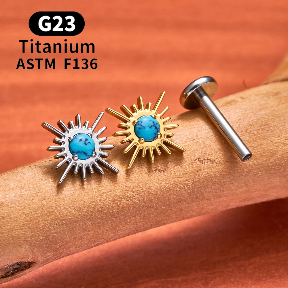 ASTM F136 Titanium 16G Turquoise Sun Labret Lip Stud Flat Back Sunshine Cartilage Earring Helix Tragus Ear Nose Piercing Jewelry