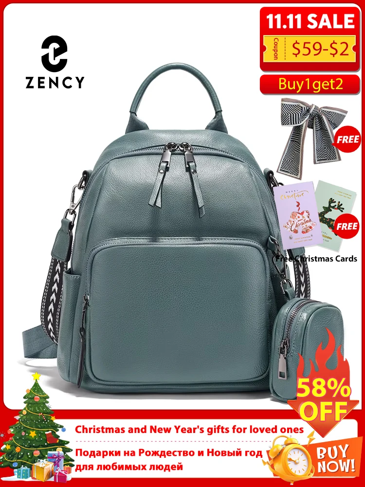 

Zency New Genuine Leather Women's Backpack Knapsack Multi-pocket Shoulder Bag 2025 Cowhide Leather Rucksack with Zip Coin Bag