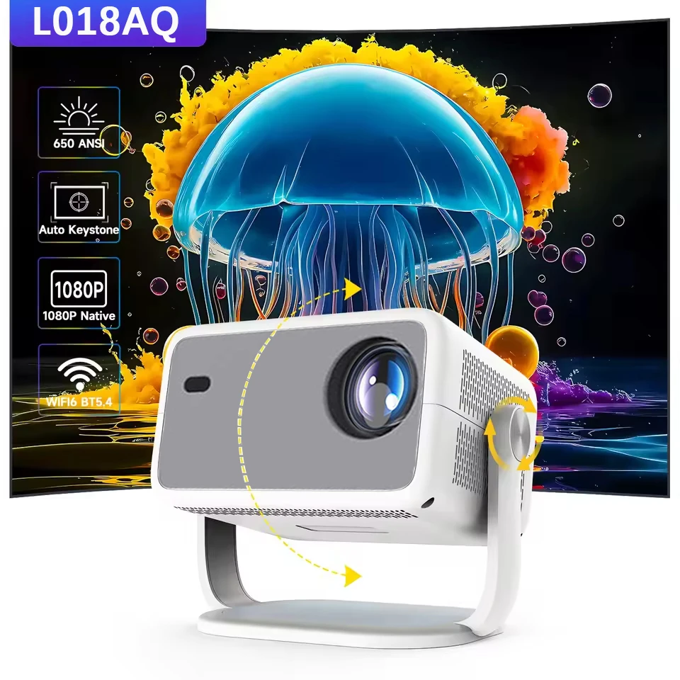 

2026 New Native 1080P 650ANSI 4K Android 11 L018A 360° Projector With Auto Keystone Focus Air Mouse Wifi6 BT5.2 Portable Outdoor