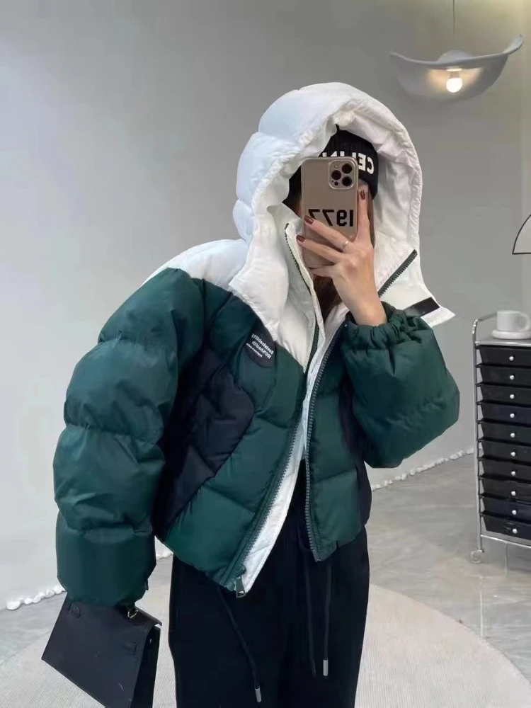 New Winter Short Down Jacket Splicing Thickened Personality Warm Fashion Cotton Jacket Hooded Winter Coat Women Jacket Women