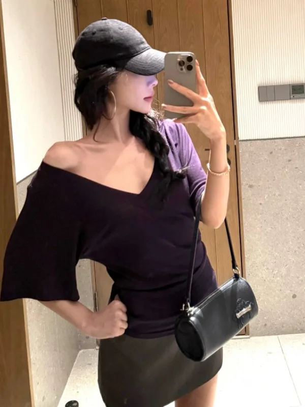 Afslanken Pure Kleur T-shirt Dames V-Ne Ort Sve Losse Taille-Knijpen Zomer Koreaanse Sle Veelzijdige Ademende Top