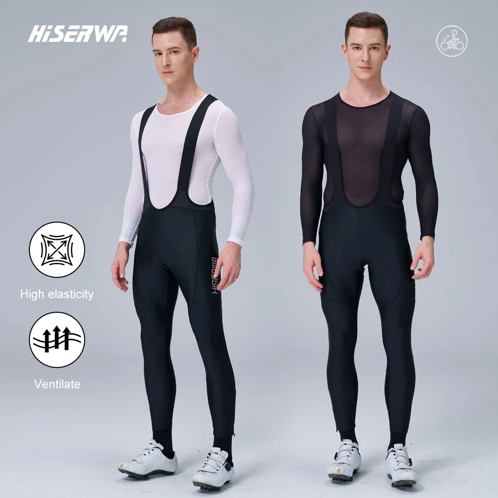 Hiserwa Men's Cycling Bib Tights Winter Thermal Fleece Long Cycling Pants 7H Pad Road Bike Bib Tights 4 Pockets Autumn Riding