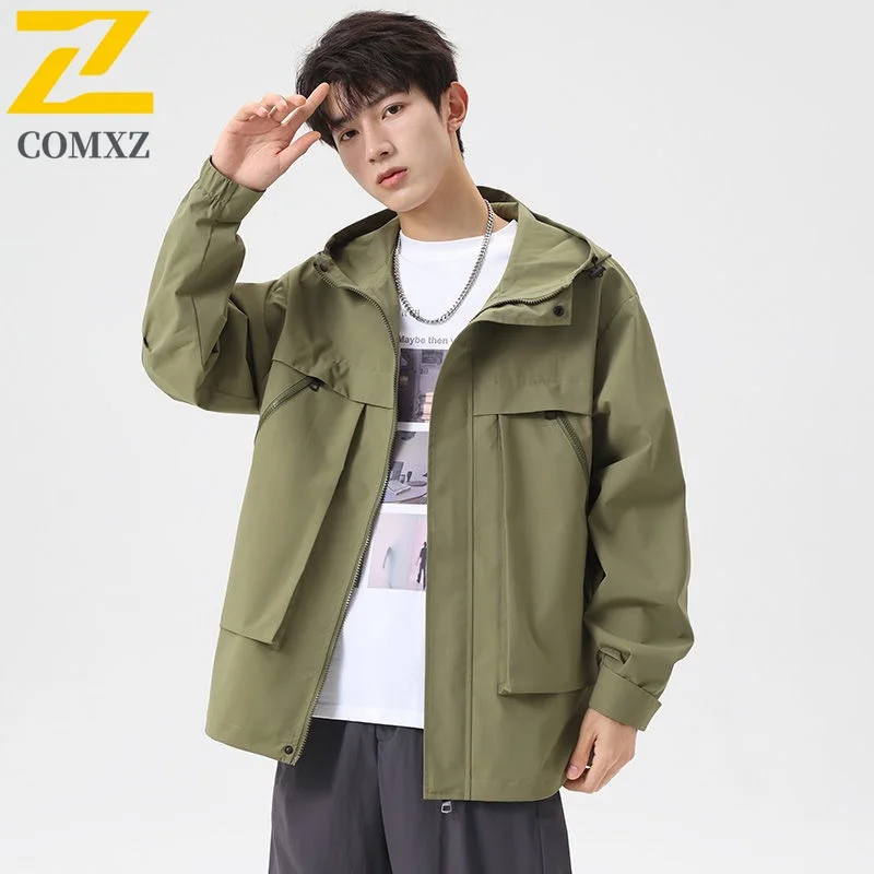 

COMXZ Мужская куртка высокого качества с капюшоном для охоты на открытом воздухе, легкая куртка, однотонный дизайн, дорожное износостойкое осеннее пальто