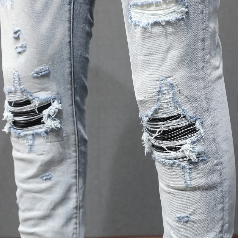 y2k new denim jeans washed nostalgic distressed black leather patch elastic slim fit light blue jeans high street hip-ho