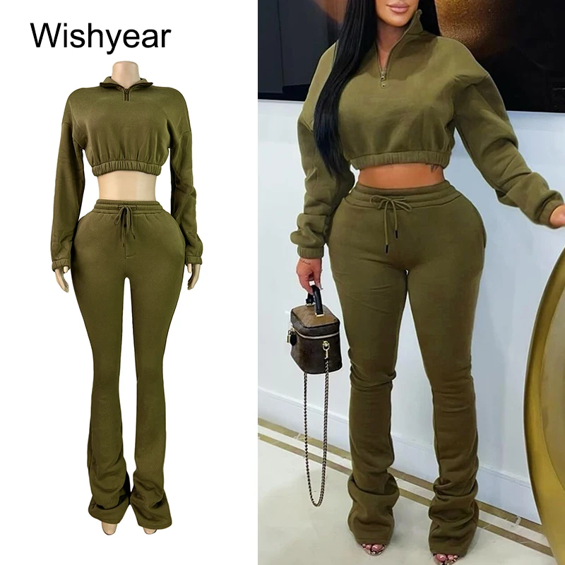 

Повседневный спортивный женский пушистый комплект из 2 предметов, укороченный топ с длинными рукавами и расклешенные брюки, зимняя уличная одежда для активного отдыха и фитнеса