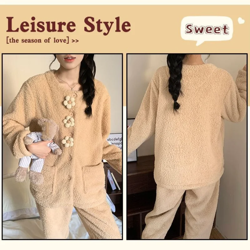 Korean Style Women's Pajama Set Long Sleeve Winter Warm Sleepwear Cozy Comfortable Loungewear Homewear Autumn New Model Suit