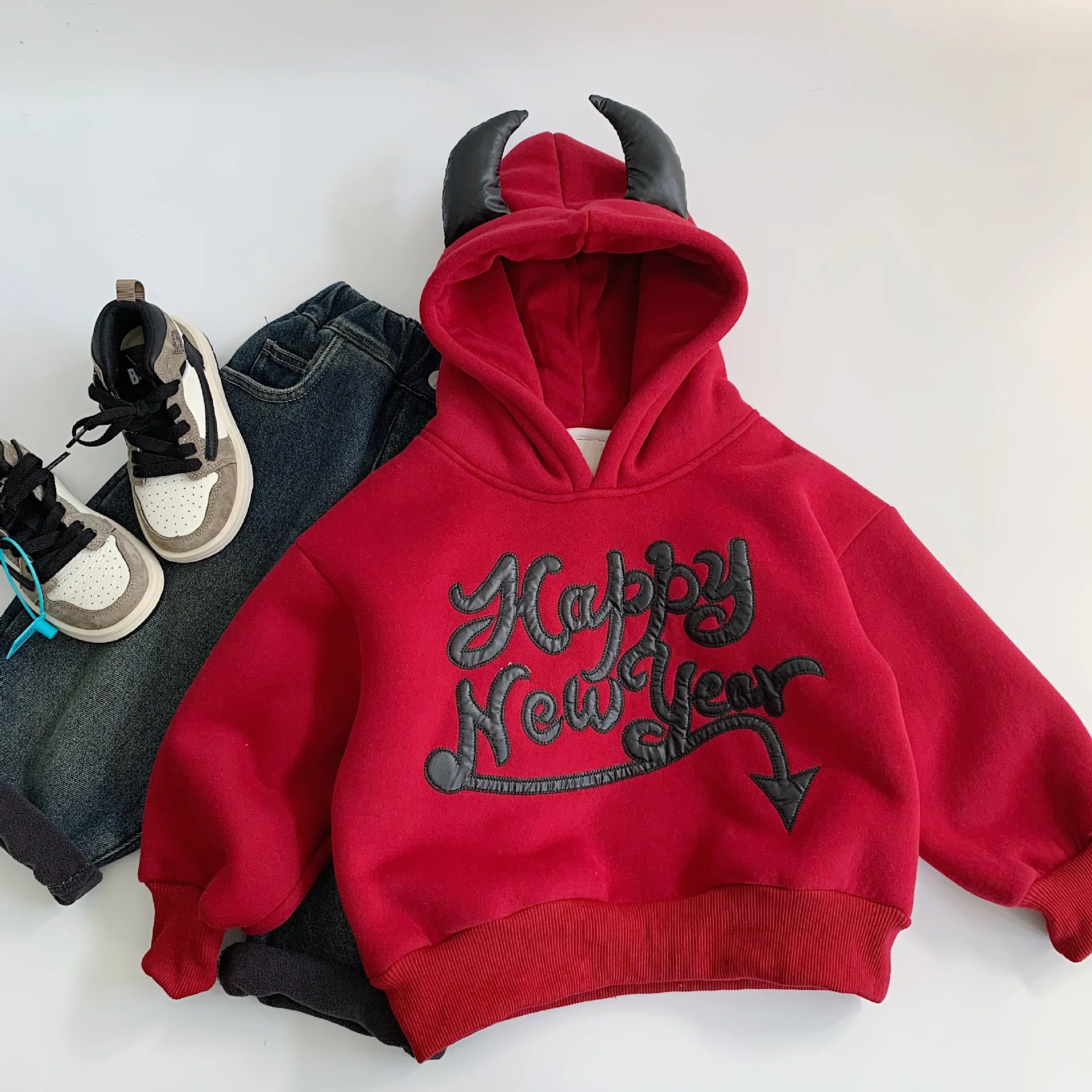 

Зимняя толстовка для маленьких мальчиков с буквенным принтом, утепленные детские теплые толстовки с капюшоном из бычьего рога для маленьких мальчиков, рождественские детские пуловеры для мальчиков