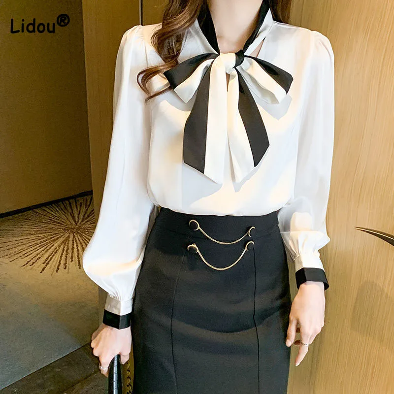 Office Lady Elegant Bow Long Sleeve Shirt Women\'s Clothing Spring New Fashion Female Scarf Collar Spliced Solid Color Blouse