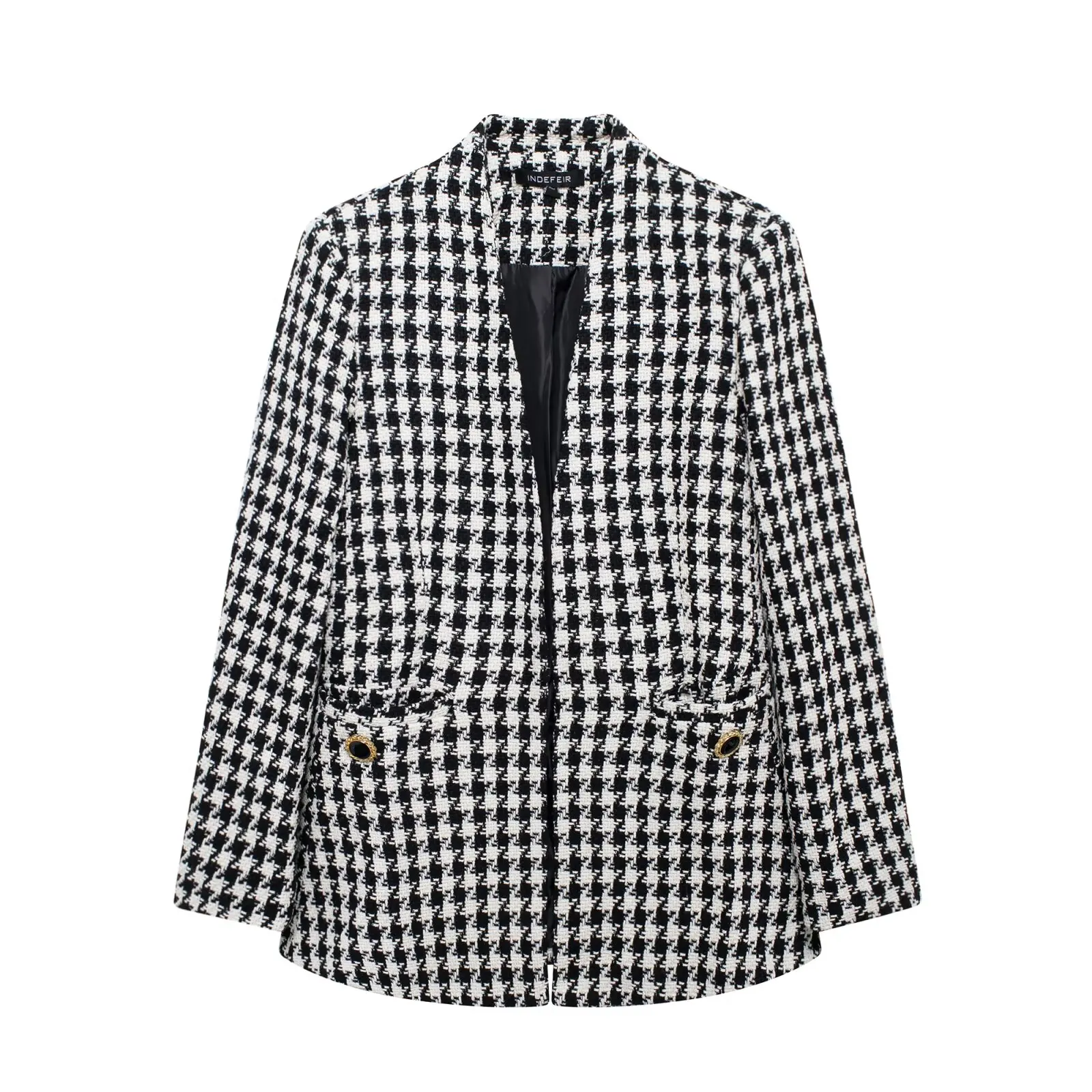 

TRAFZA Women's Autumn New Fashion V-Neck Long-Sleeved Houndstooth Wool Coat Female Elegant Pocket Decoration High Street Jacket