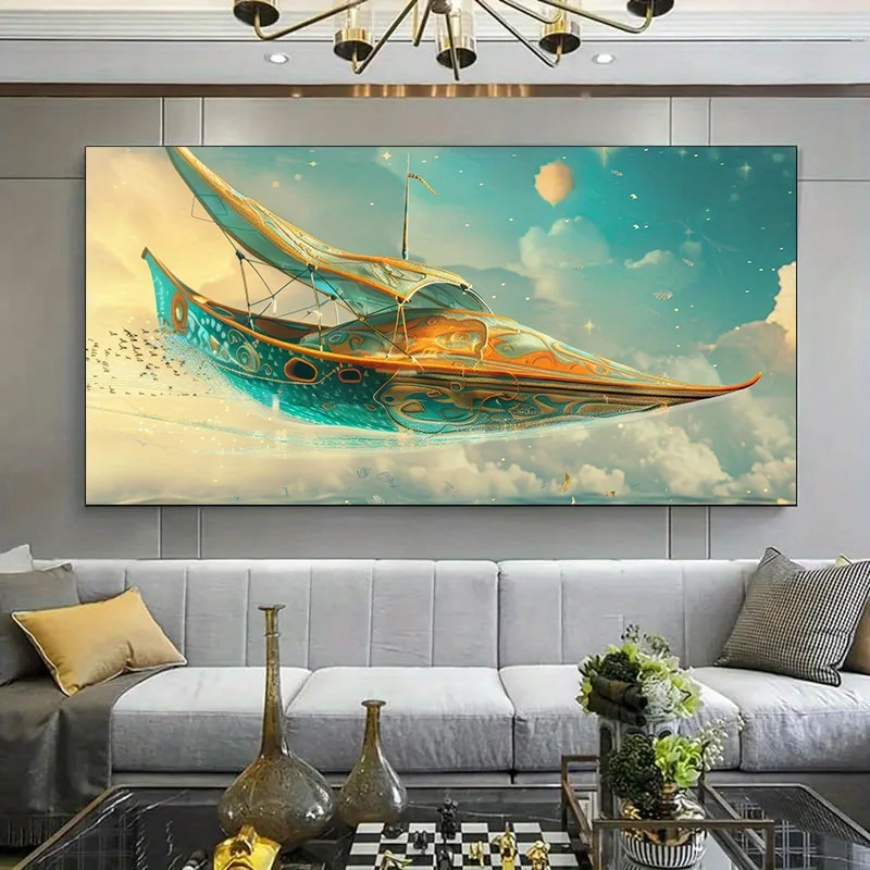 Vibrant Spaceship in Cosmic Scene Canvas Art -  Modern Wall Decor, Ink Print for Living Room & Bedroom, Contemporary Artwork